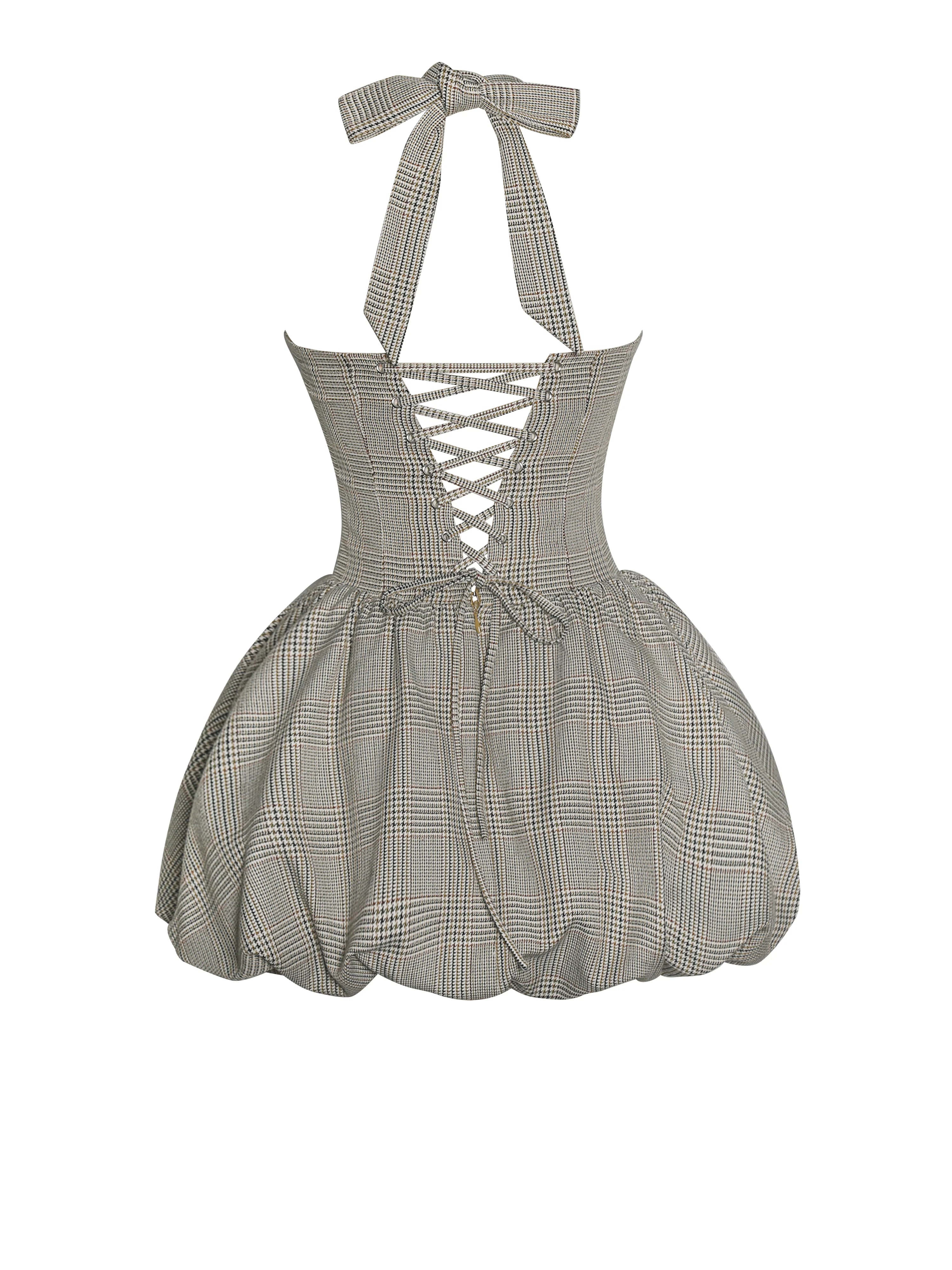Dacia Plaid Halter Lace-up Bubble Mini Dress