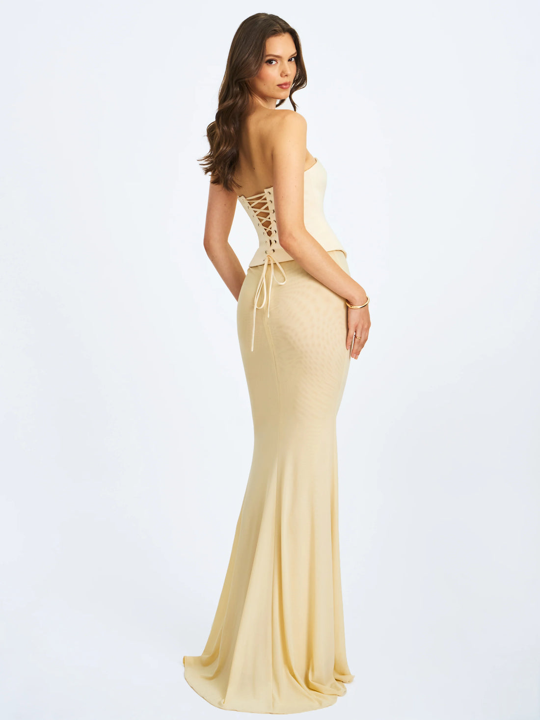 Adelina Butter Yellow Peplum Mermaid Gown with Lace-up Back