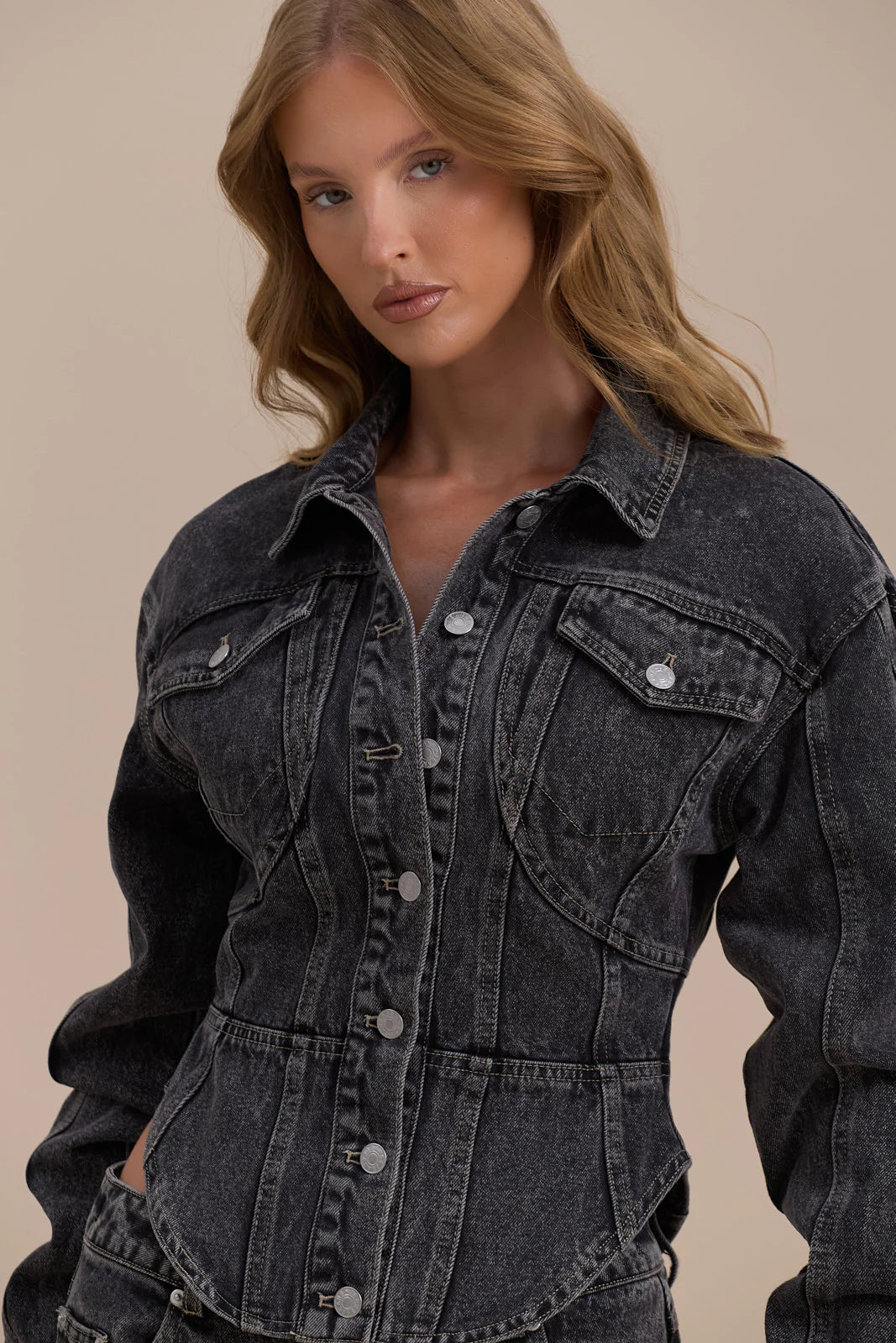 ALIX BUTTON UP CORSET JACKET | DARK WASH DENIM