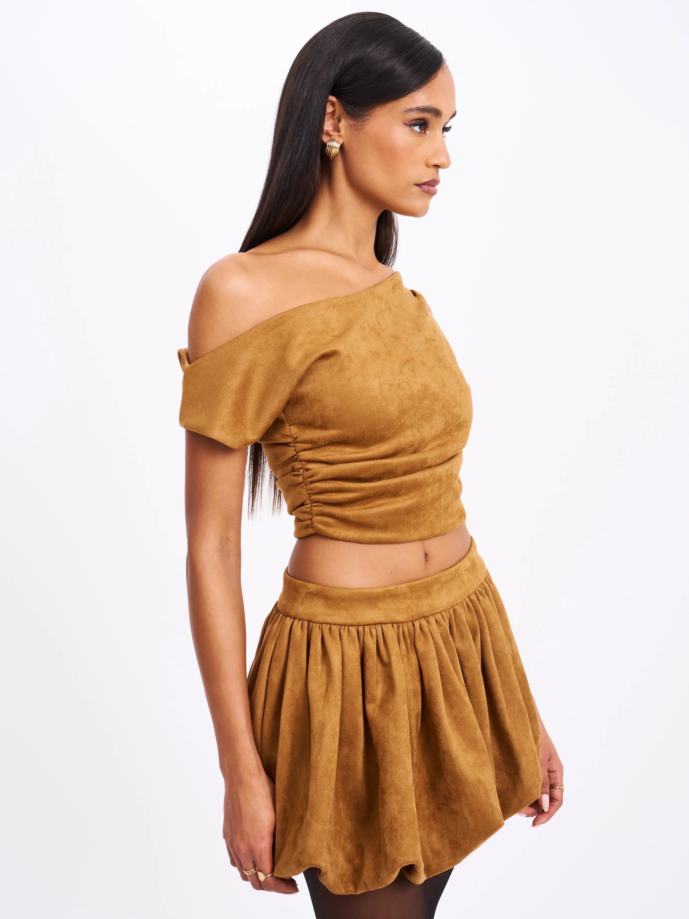 Yuna Brown Suede Bubble Hem Skirt