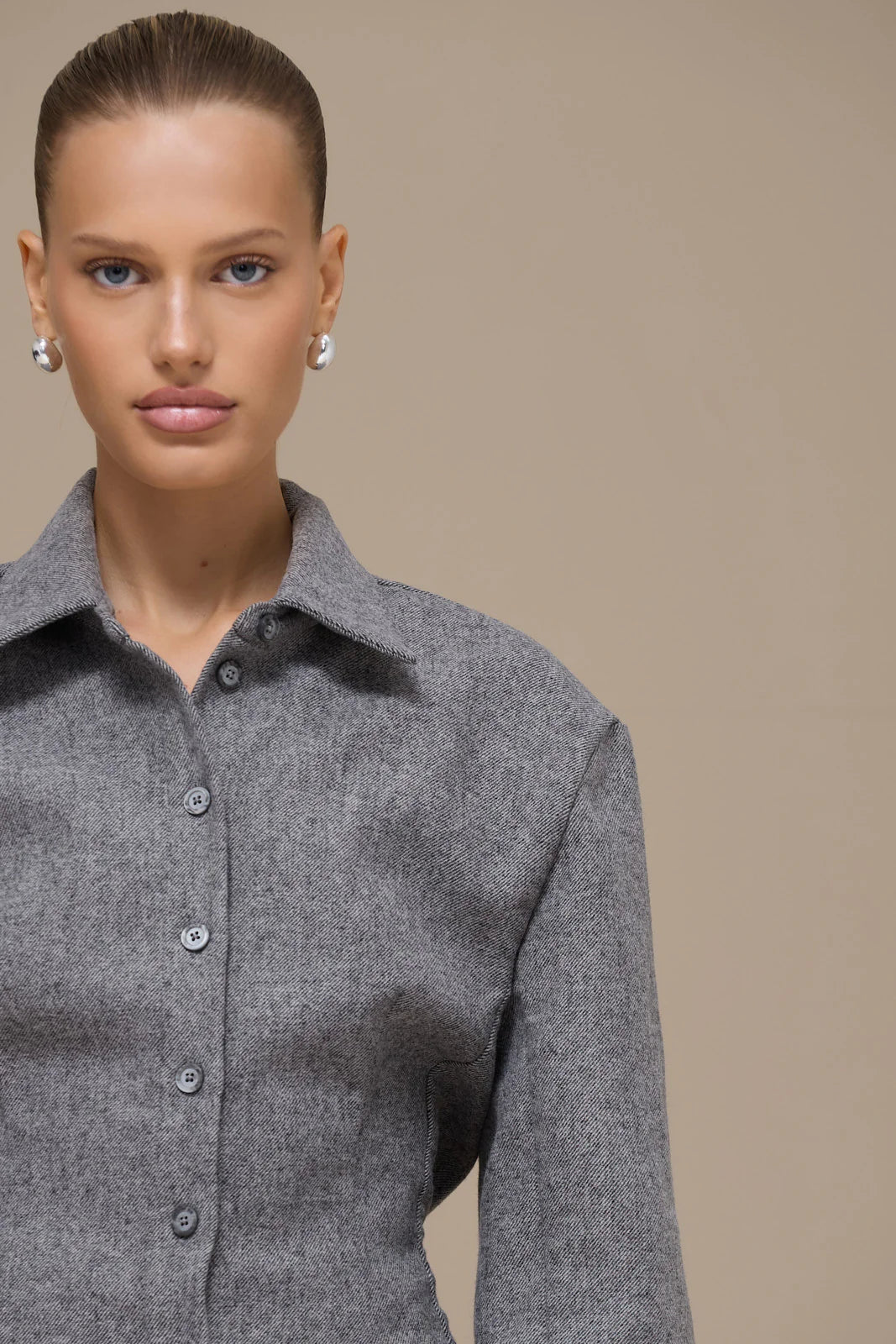 BLAIR BUTTON UP REMOVABLE SHOULDER PAD SHIRT | GREY