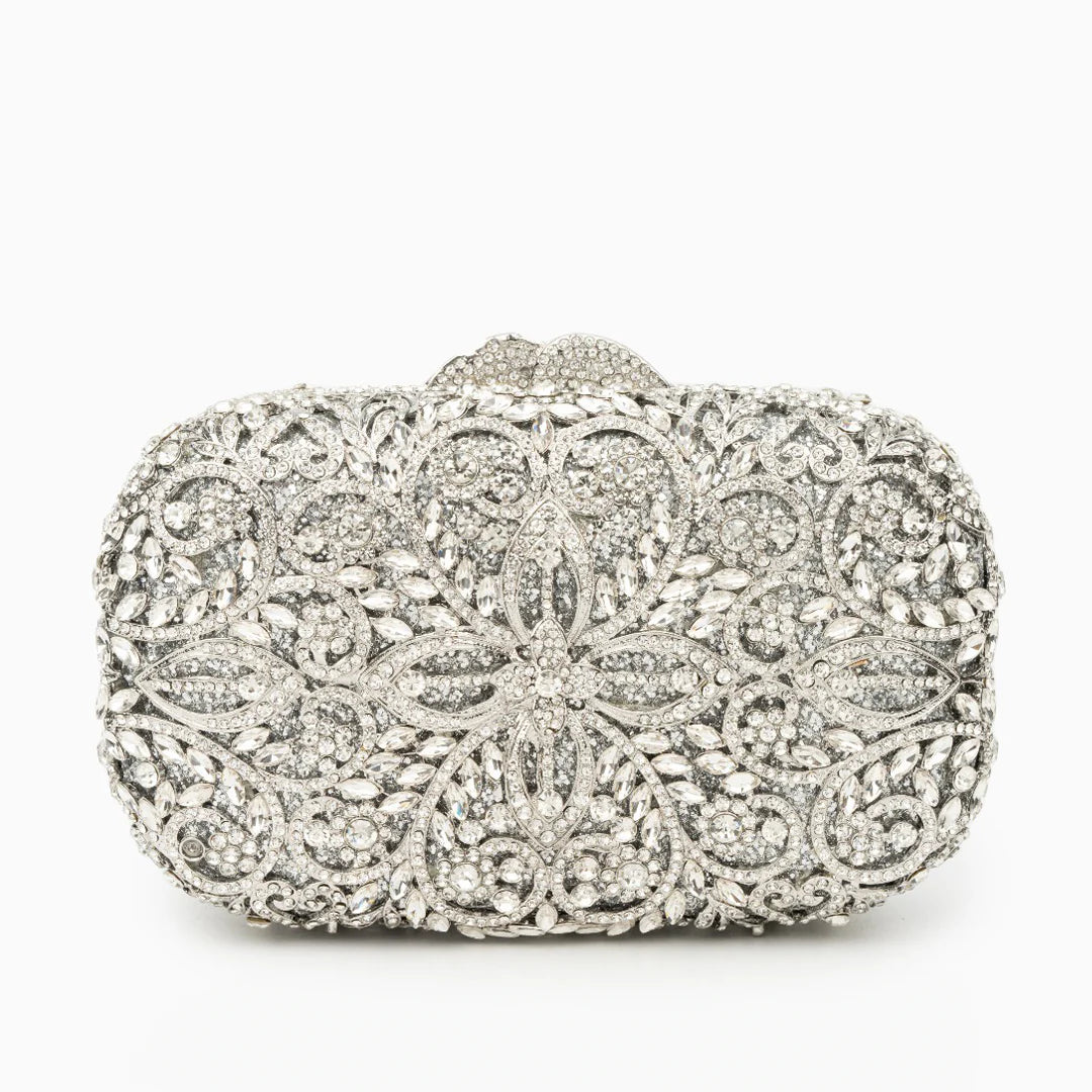 Vioraia Athena Flower Rhinestones Clutch Bag - Silver