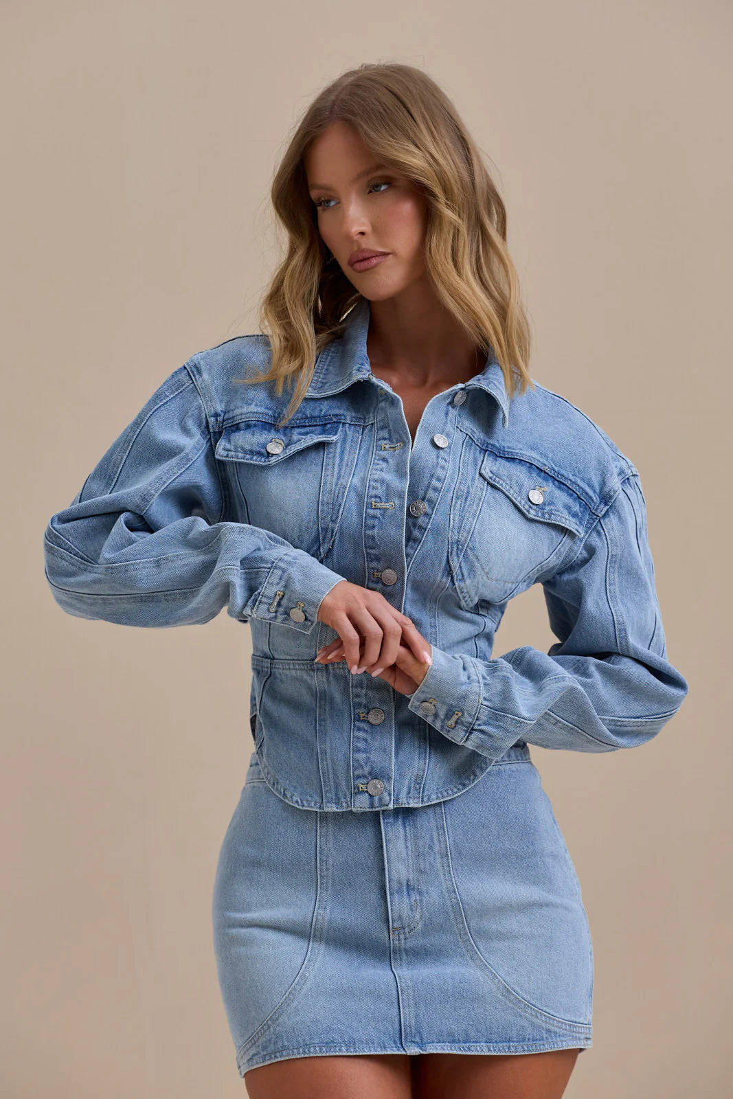 ALIX BUTTON UP CORSET JACKET | MID WASH DENIM