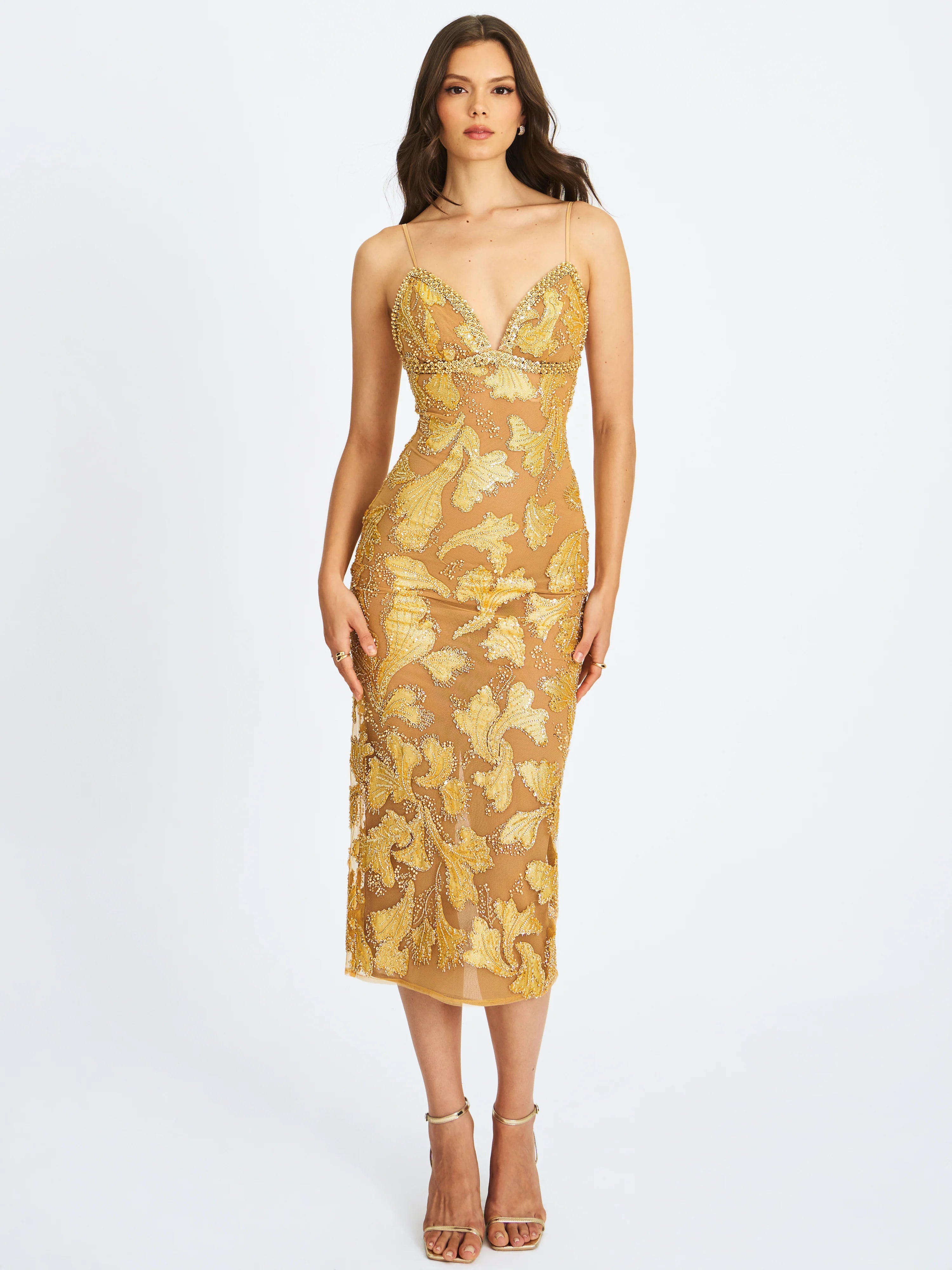 Edie Gold Beaded Sequin Midi Pencil Dress