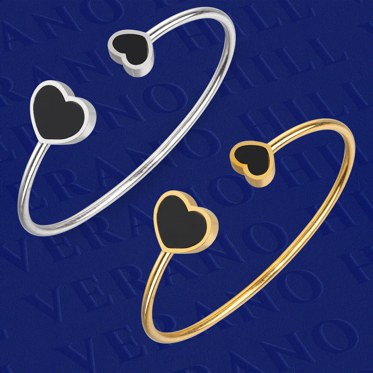 Vioraia Double Black Heart Cuff Bangle