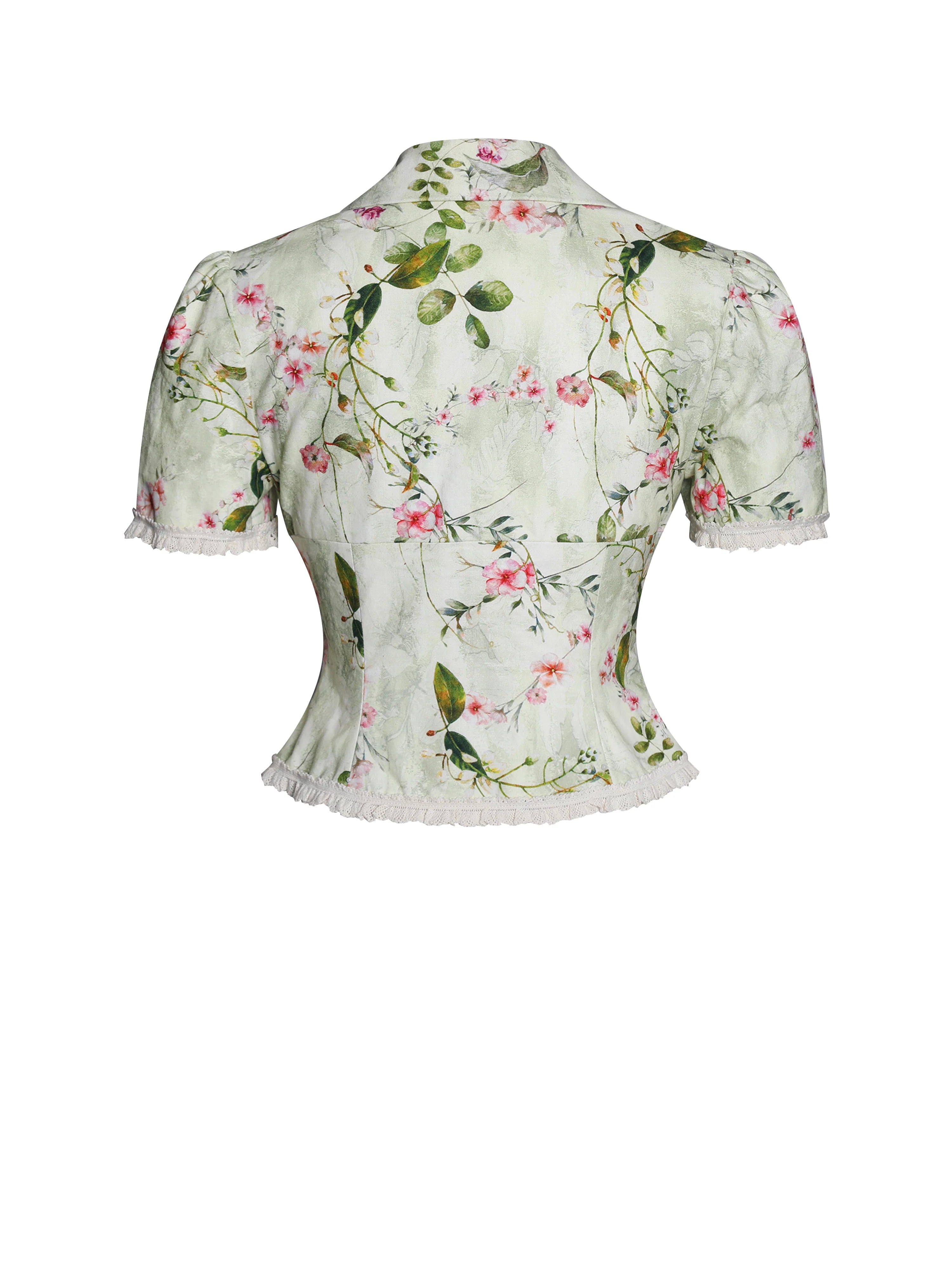 Zanella Green Floral Print Lace Trim Linen Top