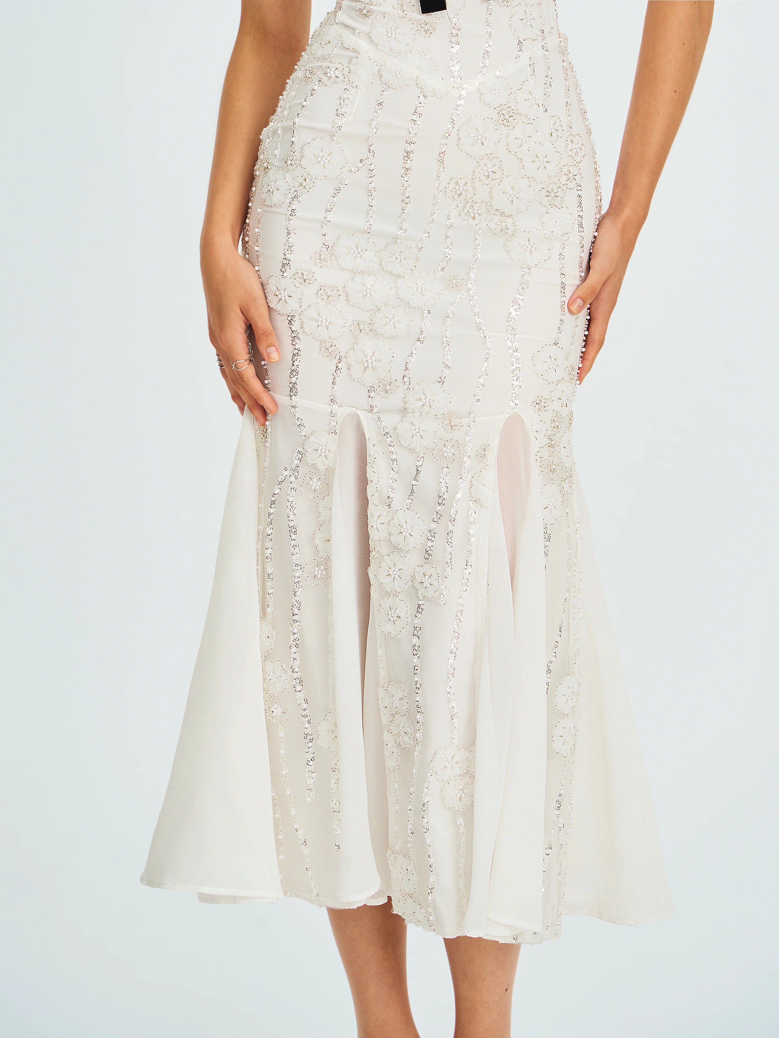 Paola White Peter Pan Collar Beaded Sequin Mermaid Midi Dress