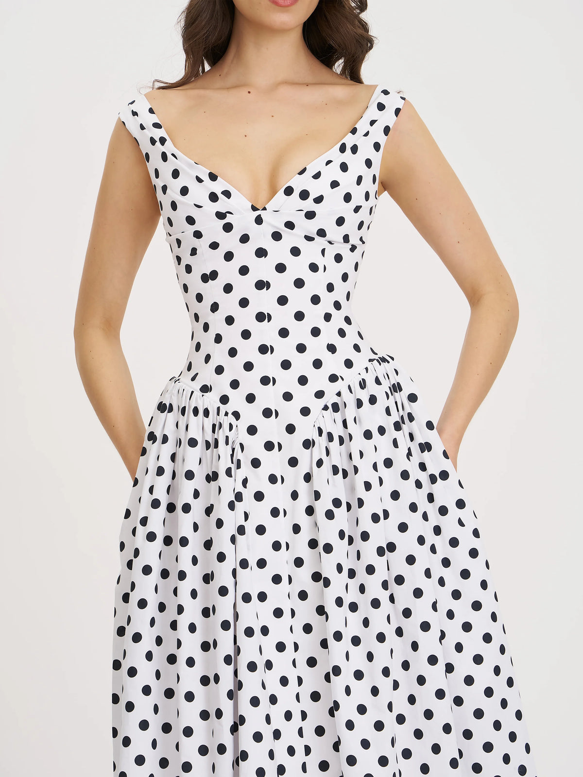 Rahma Polka Dot Drop Waist Midi Cotton Poplin Dress