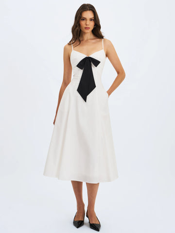Corinne White Poplin Flared Maxi Dress with Removable Bow