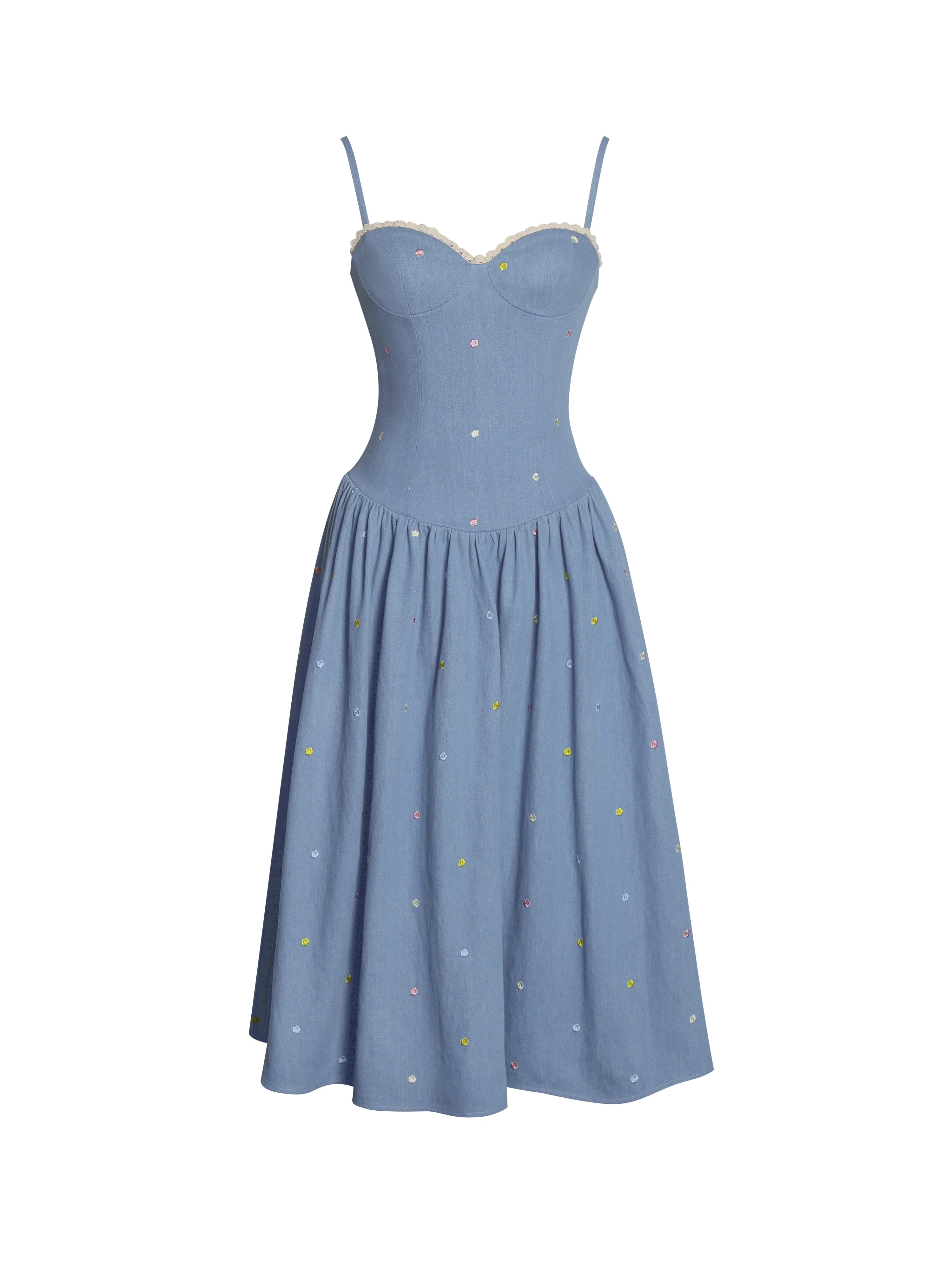 Zadie Cotton Denim Drop Waist Embroidery Flower Midi Dress