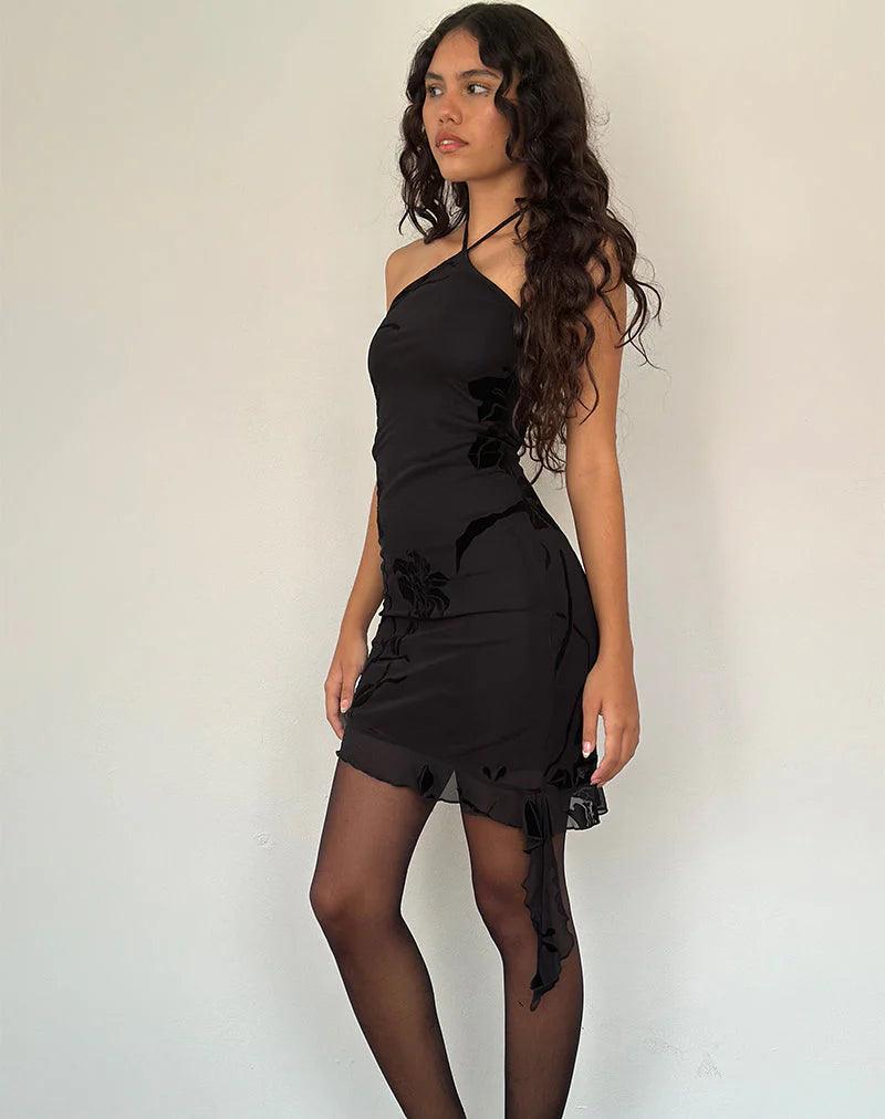 Redi Mini Halterneck Dress in Orchids Flock Black