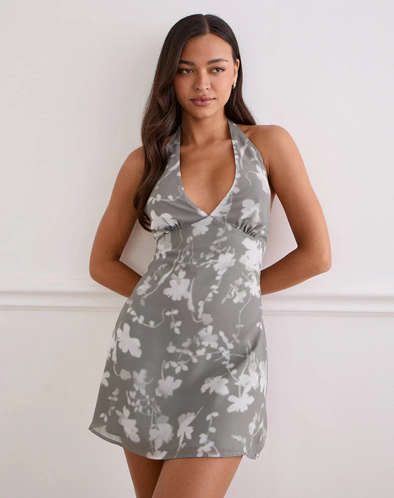 Liri Halterneck Mini Dress in Blurred Floral Grey