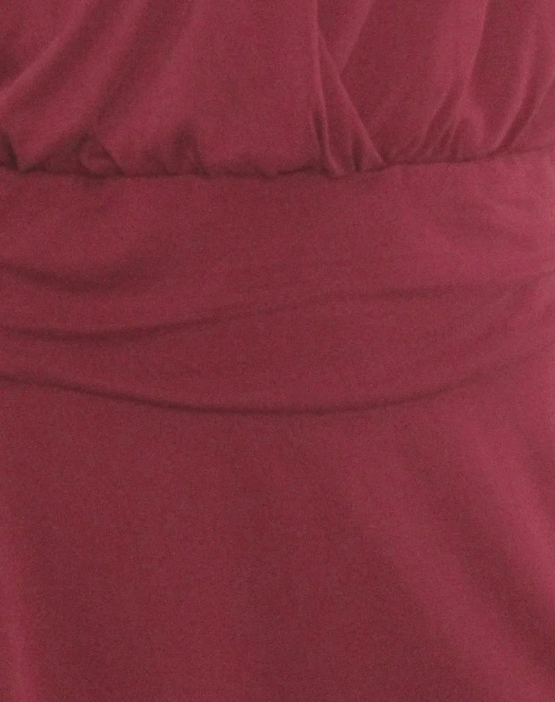 Senara Cinch Waist Halterneck Mini Dress in Burgundy