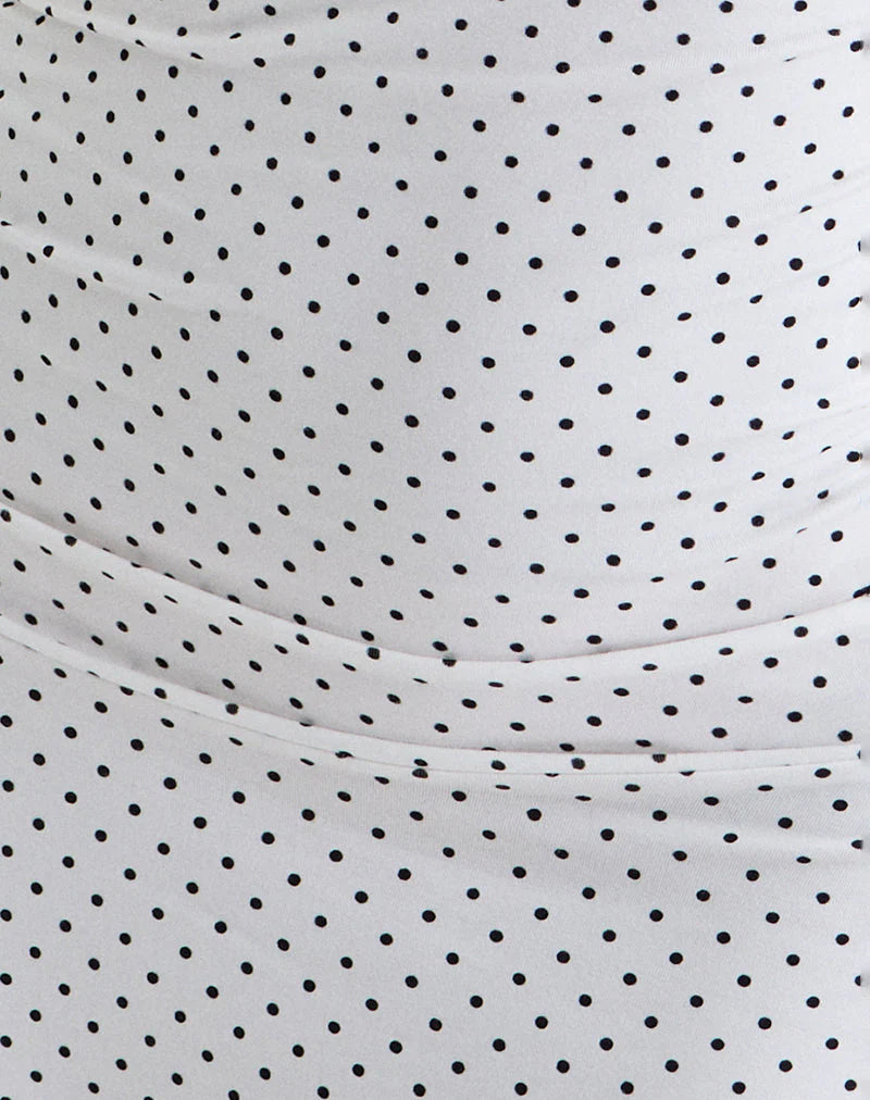 Luscian Plunge Mini Dress in White with Micro Polka Black