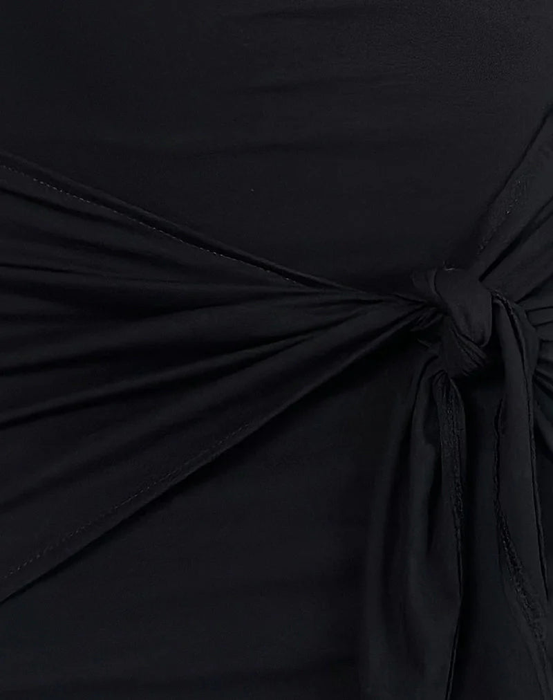 Hikira Plunge Mini Dress in Black with Tie Belt
