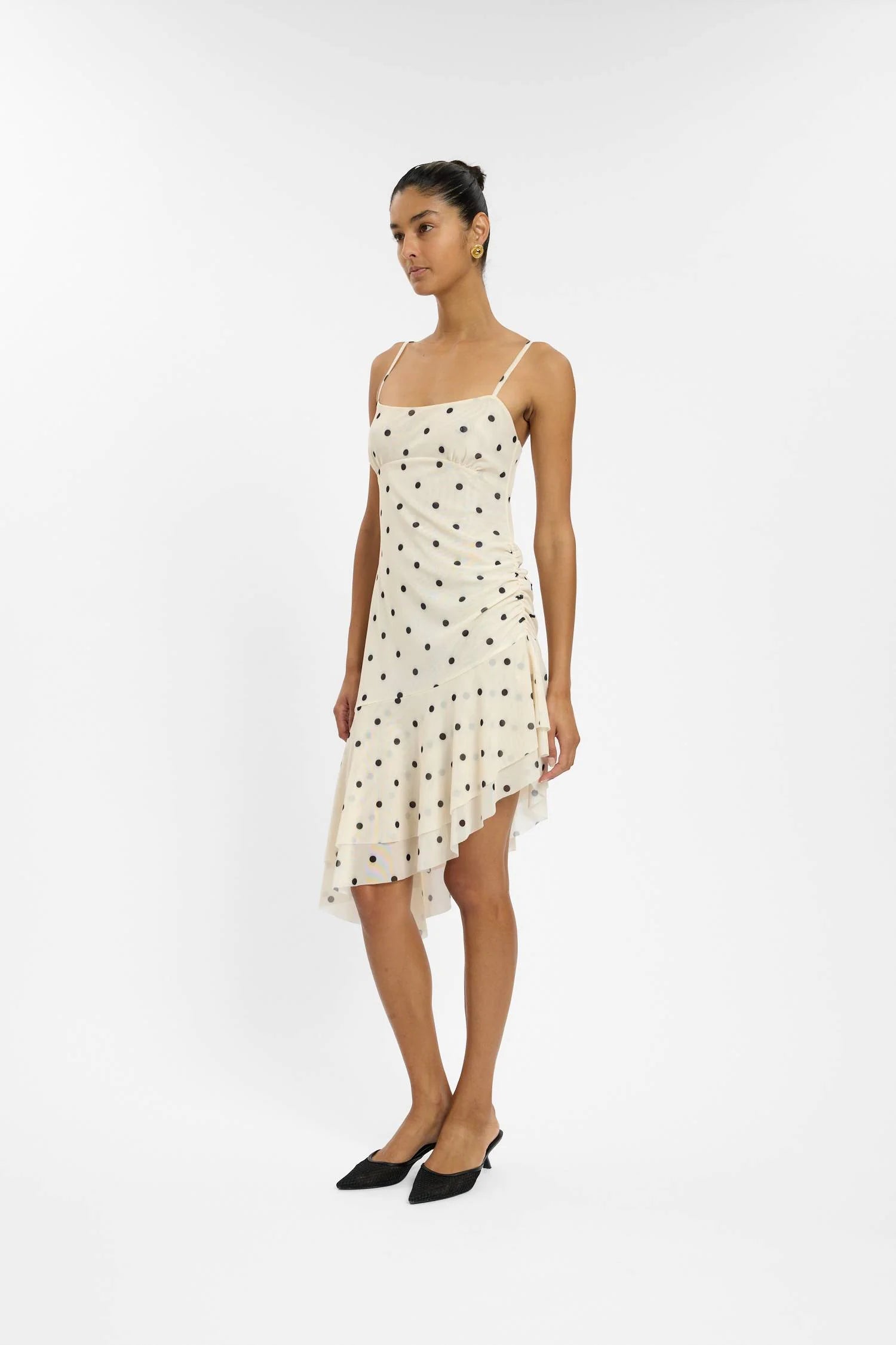 Asymmetric Frill Midi Dress | Ivory Polka