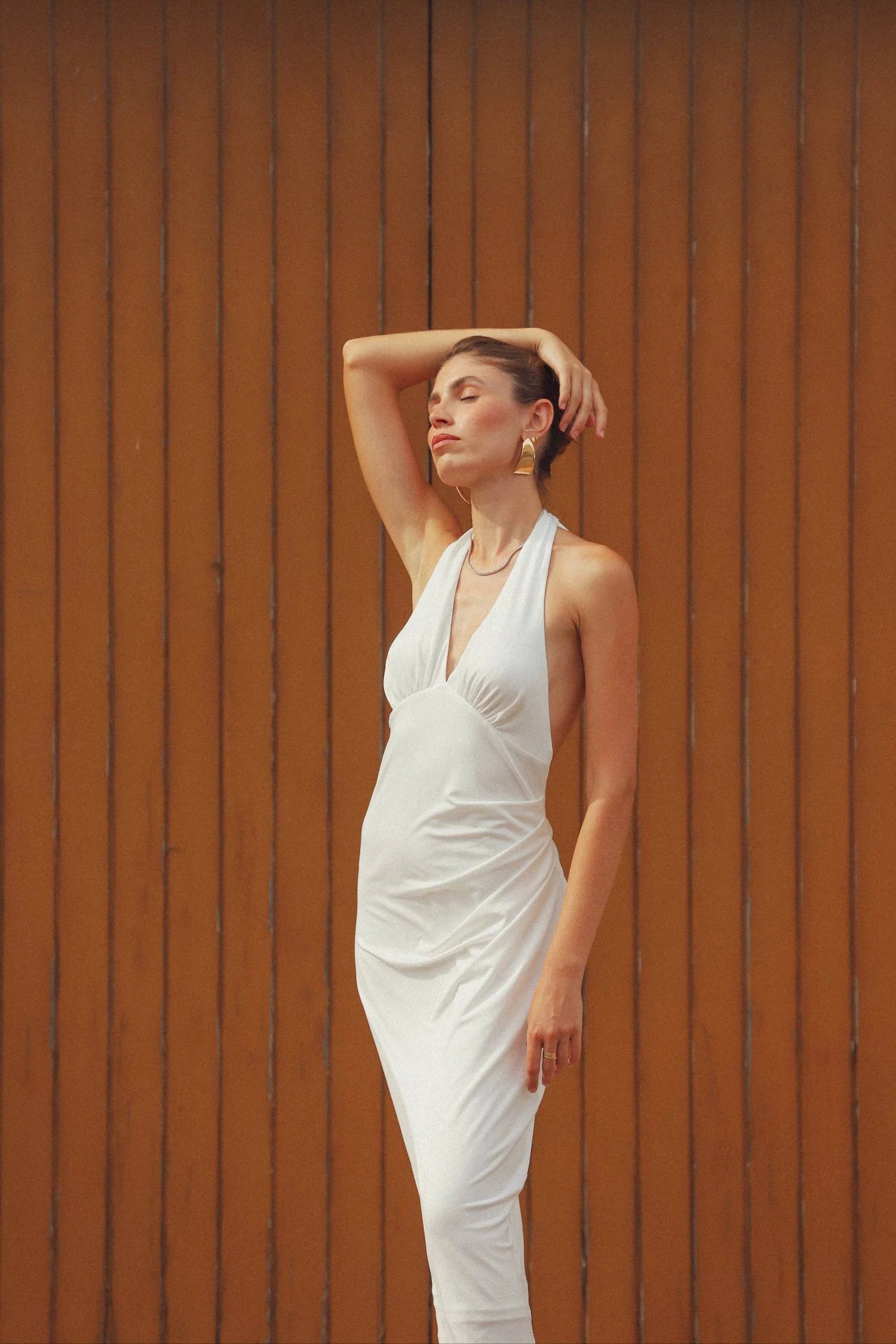 Pleated Backless Halter Dress | White
