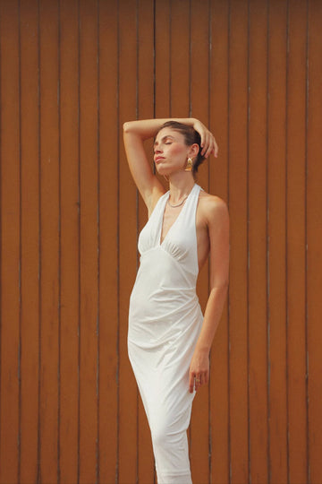 Pleated Backless Halter Dress | White