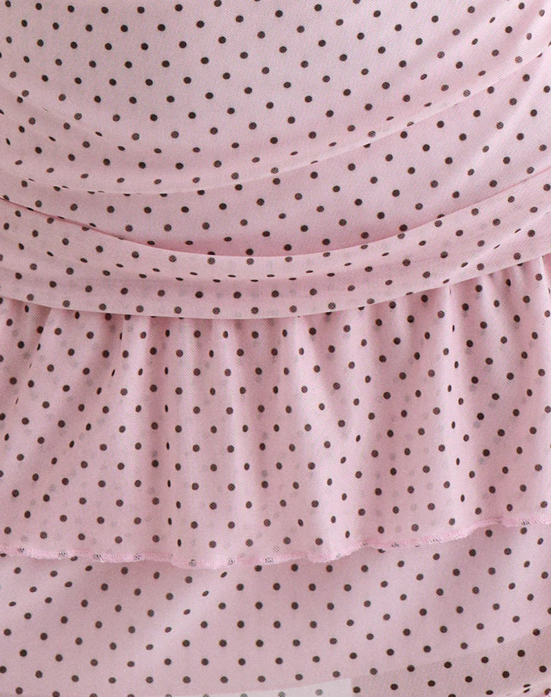 Mowgli Cap Sleeve Mini Dress in Baby Pink with Micro Polka Black