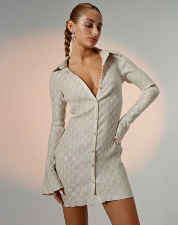 Nitara Button Up Mini Dress in Crinkle Beige