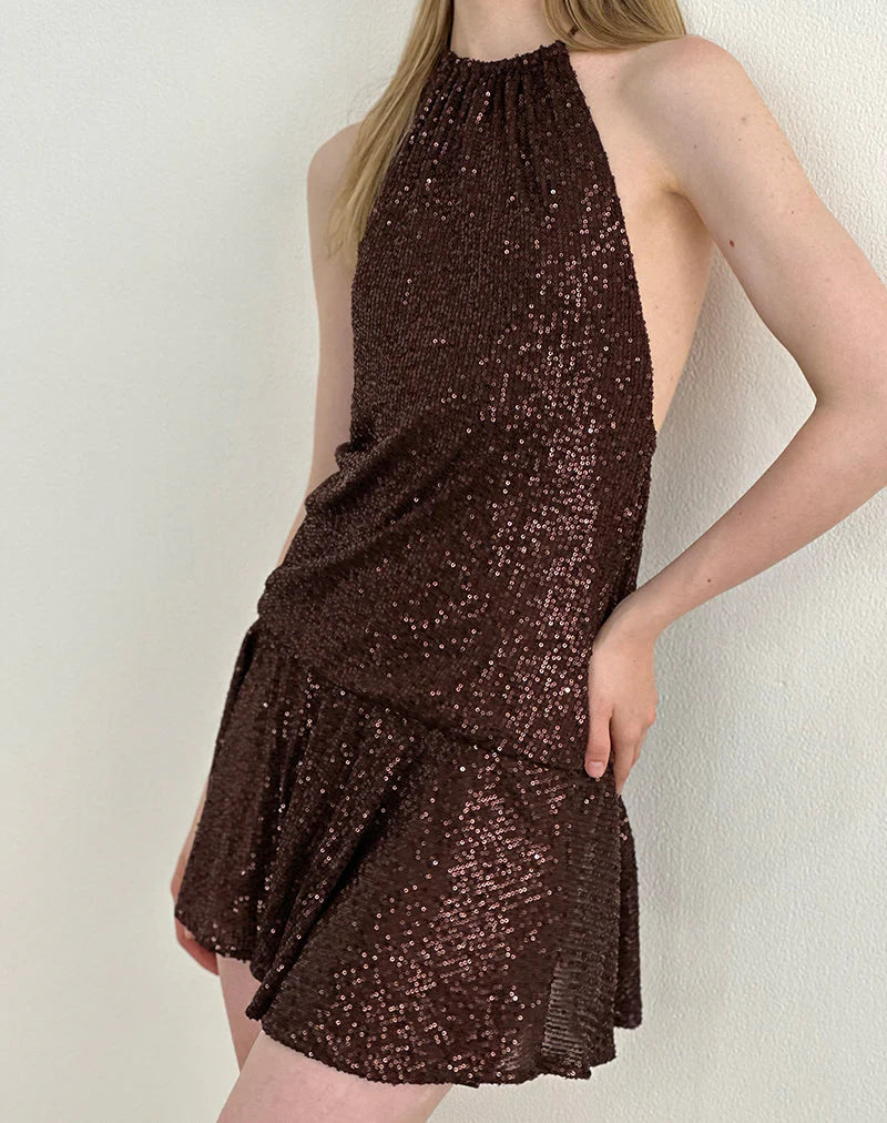 Veloria Mini Dress in Drape Sequin Brown