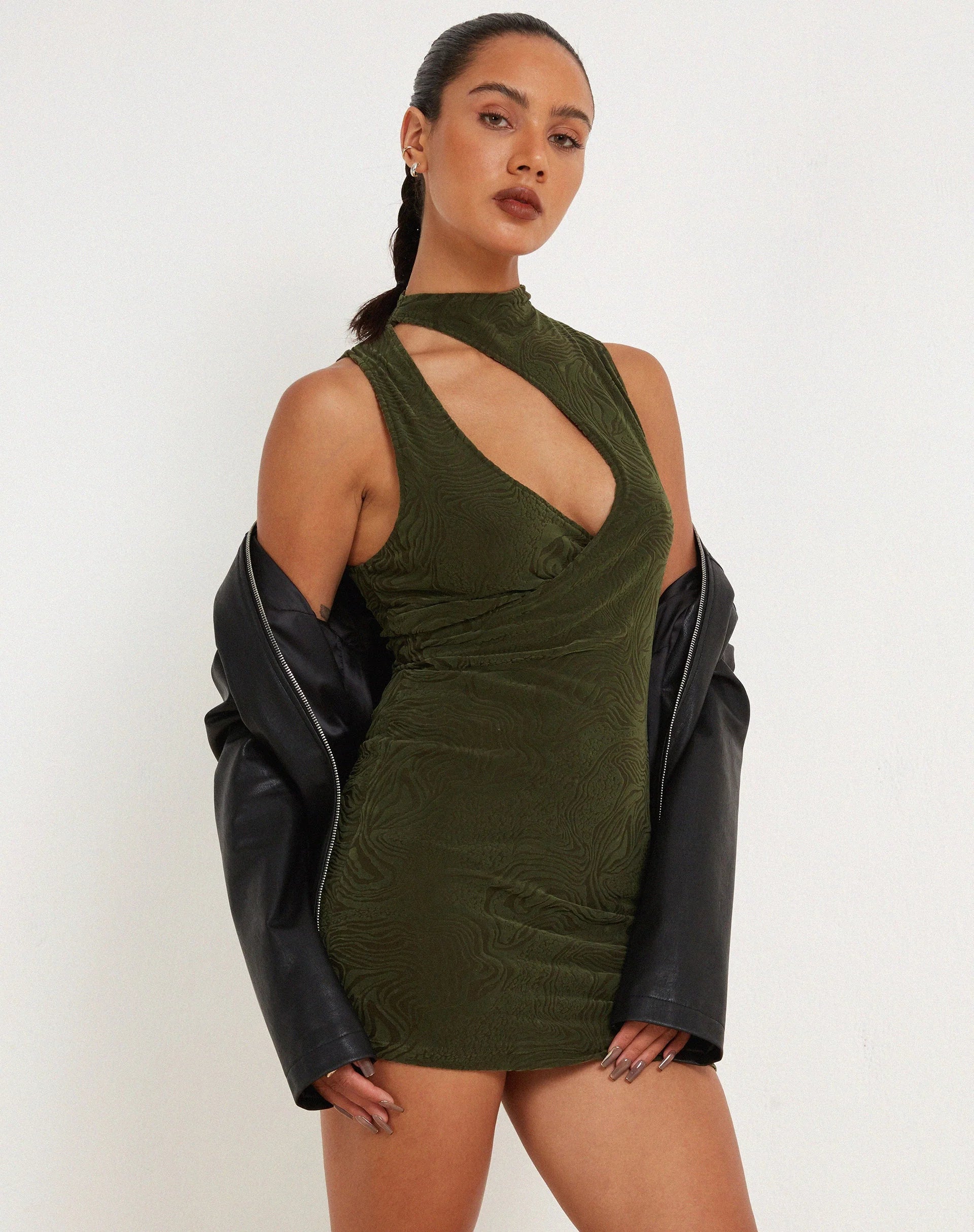 Hertika Mini Dress in Mixed Animal Flock Khaki
