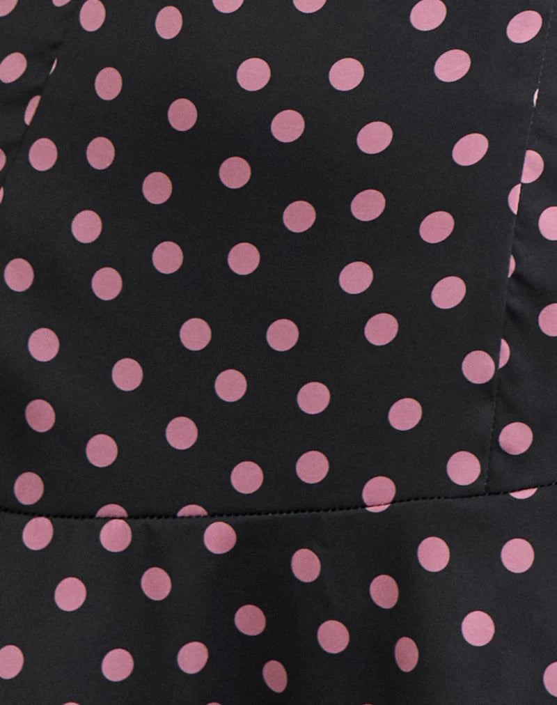 Maribel Mini Dress in Black Satin Scattered with Pink Polka
