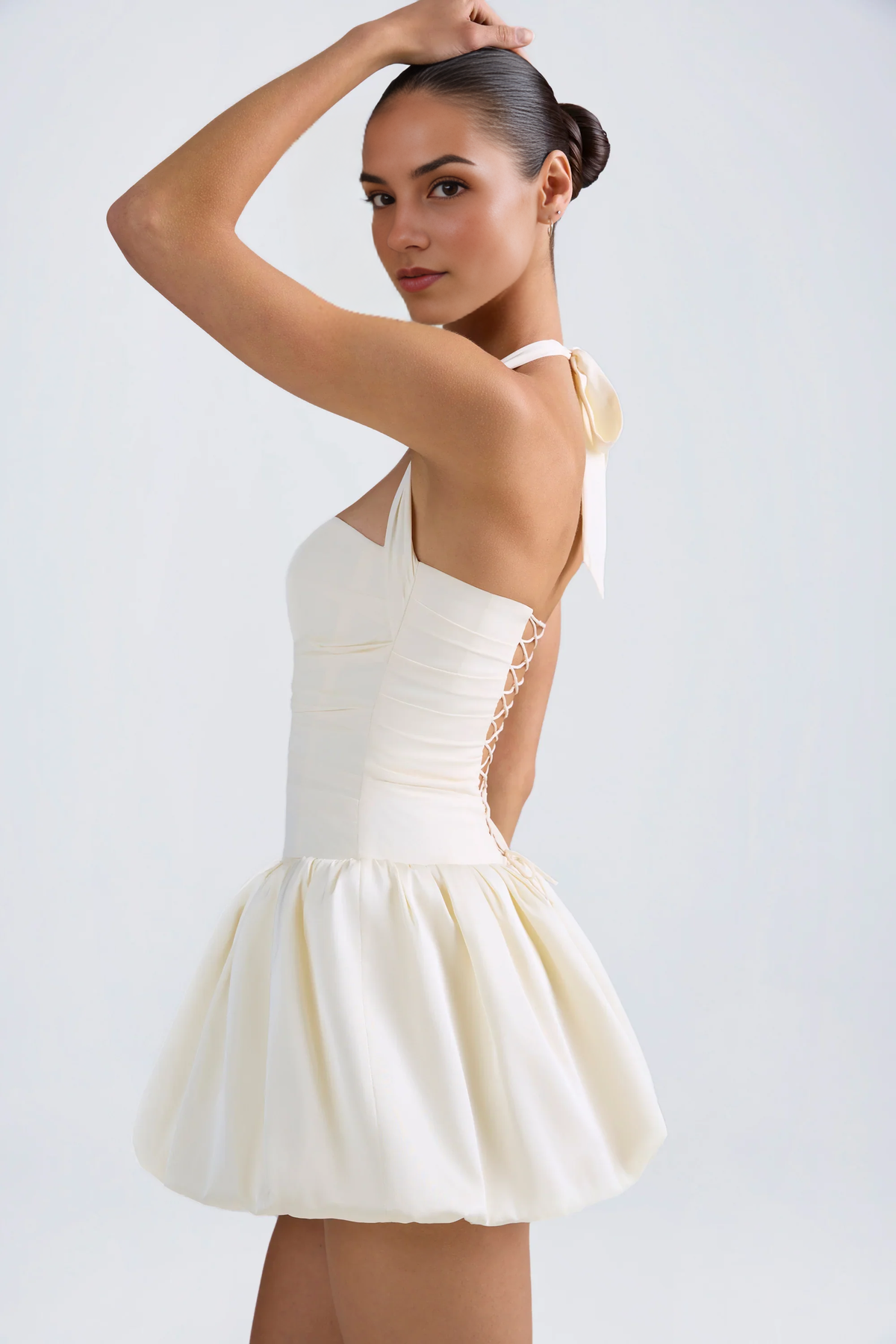 Halterneck Lace-Up Bubble Hem Corset Micro Mini Dress in Ivory